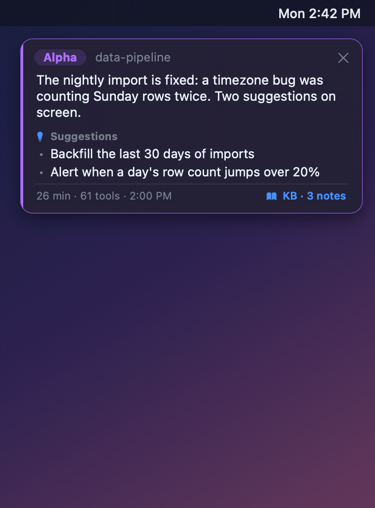 Three echo popup cards for different projects arriving one by one in the top corner of the screen, then clearing