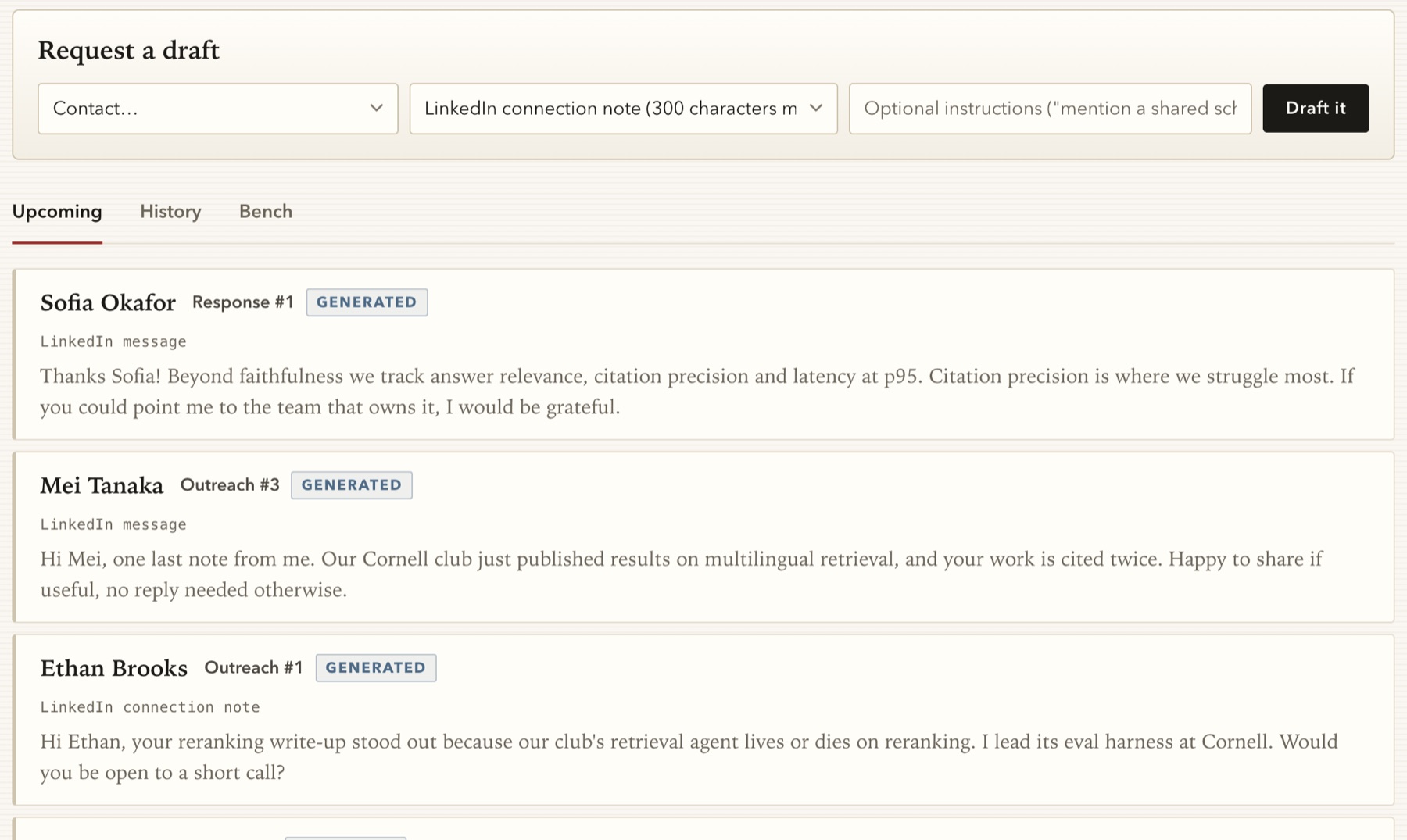 The drafts page, with a request form and three drafts waiting for review