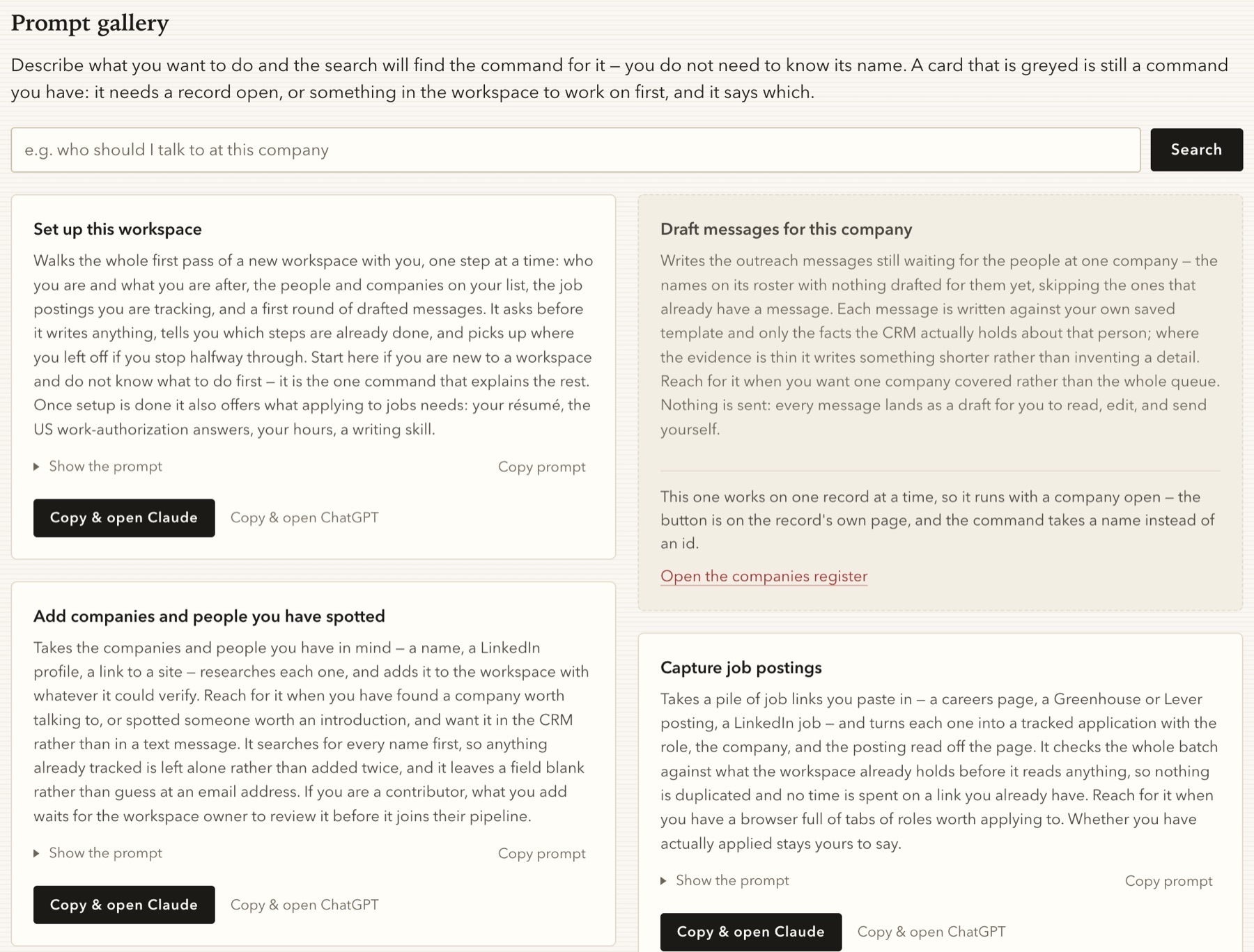 The prompt gallery, showing cards for setting up a workspace, adding companies and people, drafting messages for a company, and capturing job postings